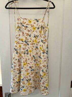 Old Navy White linen blend Mini Dress with Yellow & Blue Floral Print